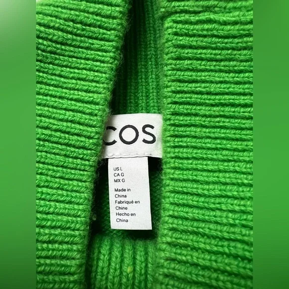 Cos Funnel Mock Neck Green Sweater Women's Size L 100% Wool Quiet Luxury Preppy - Picture 8 of 9